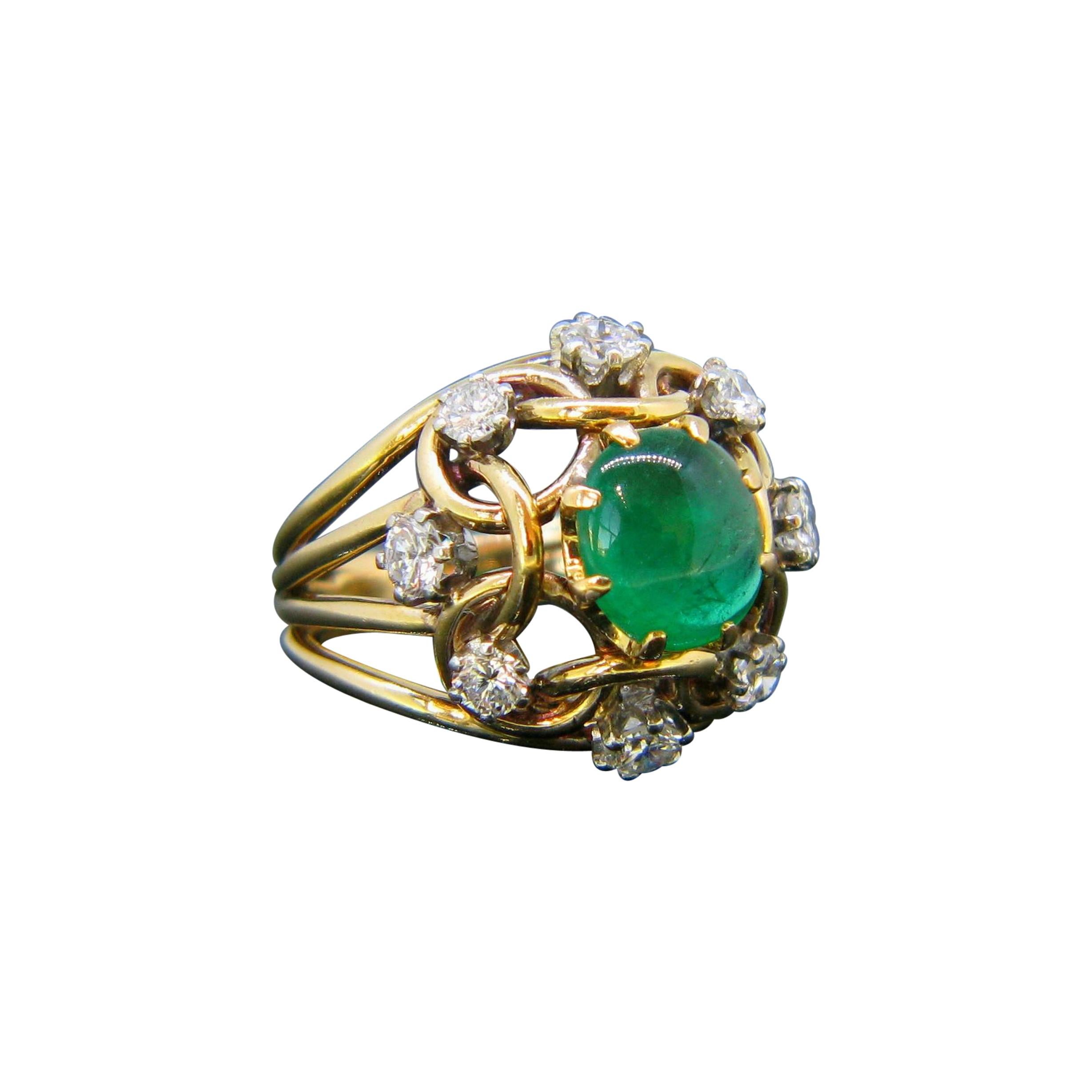 Retro Emerald Cabochon and Diamond Ring, 18kt Yellow Gold, circa 1960