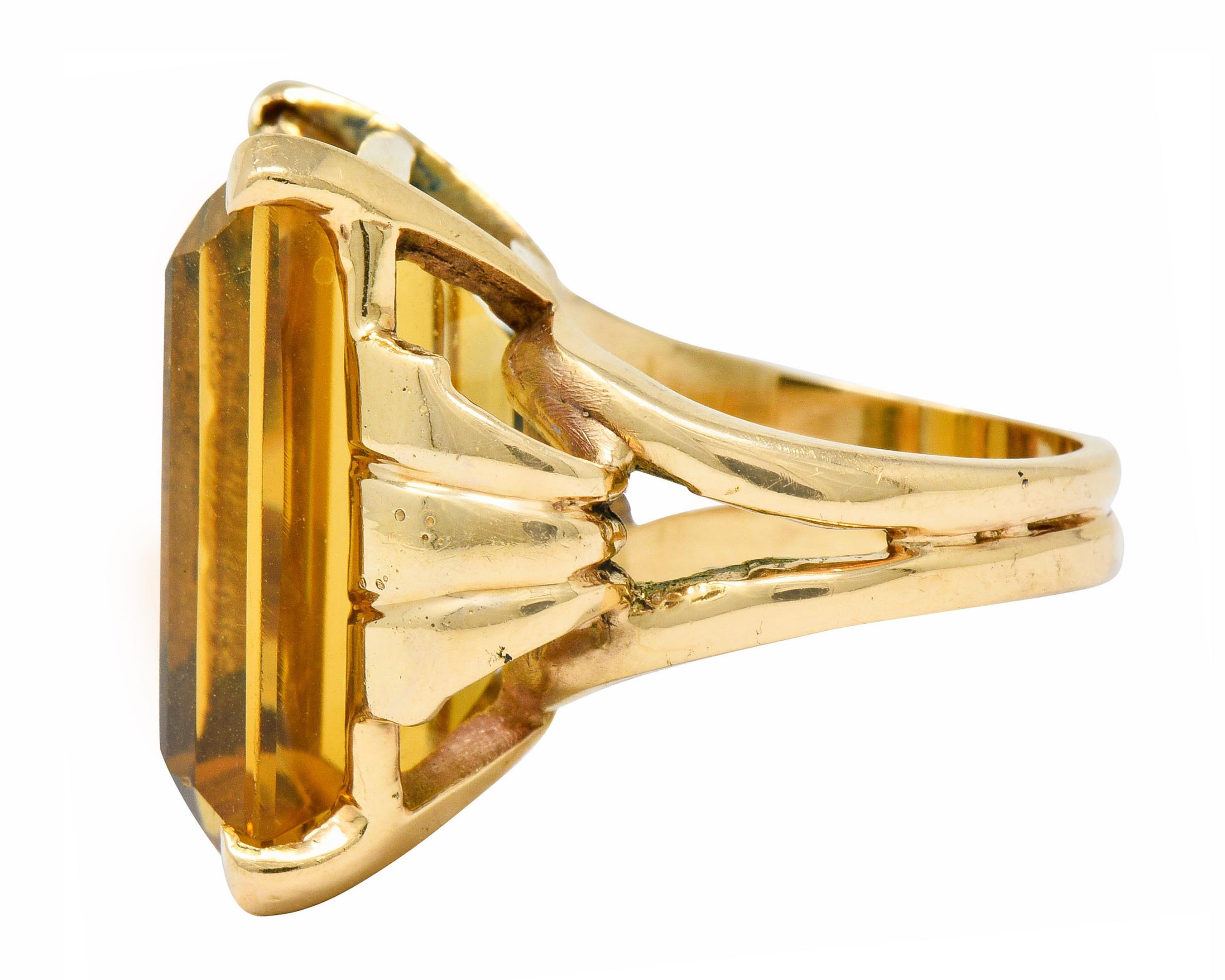 Retro Emerald Cut Citrine 14 Karat Gold Statement Ring, circa 1940 1