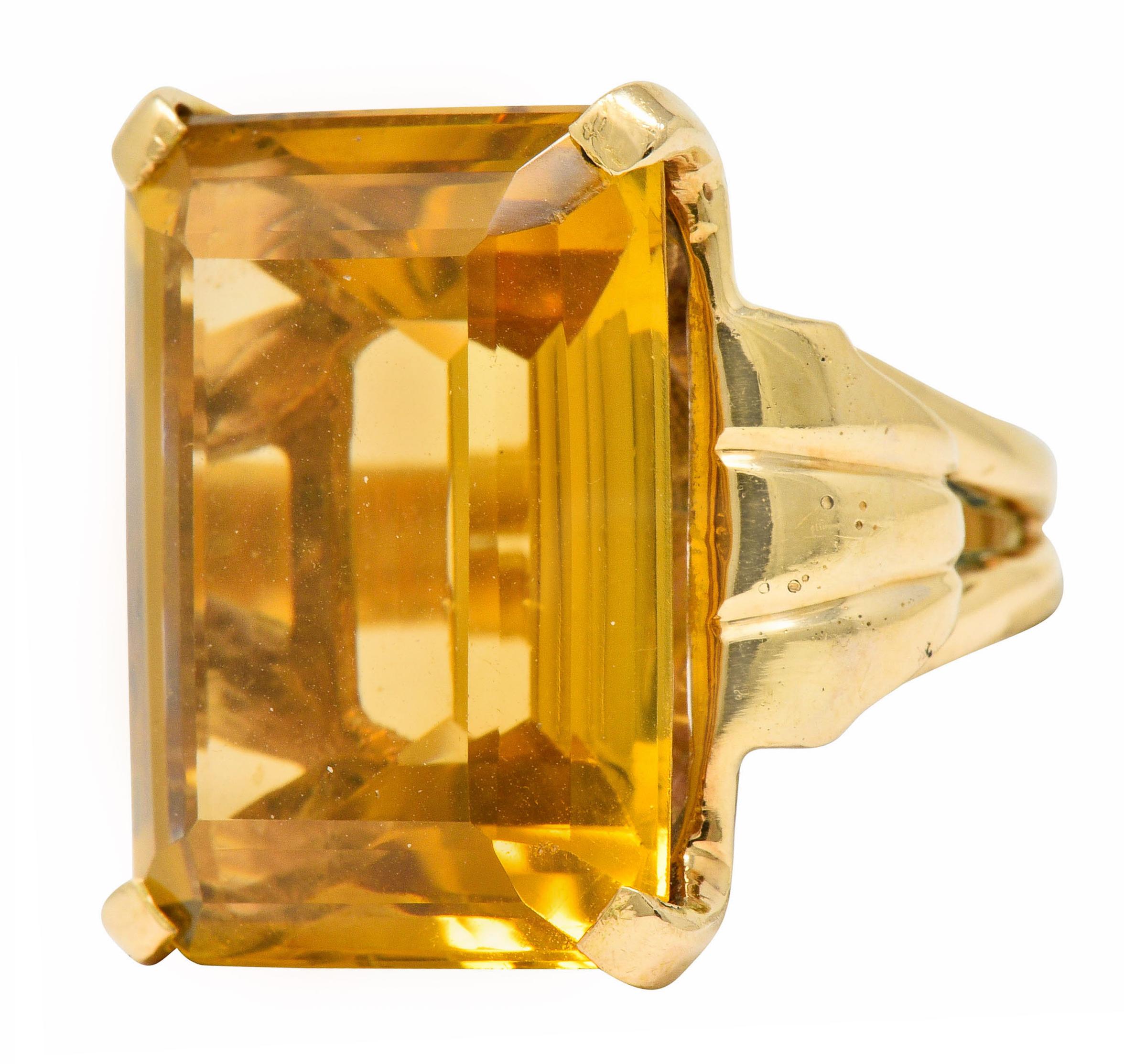 Retro Emerald Cut Citrine 14 Karat Gold Statement Ring, circa 1940 2