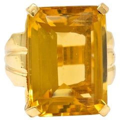 Retro Emerald Cut Citrine 14 Karat Gold Statement Ring, circa 1940