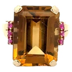 Retro Emerald-Cut Citrine and Ruby Gold Vintage Solitaire Cocktail Ring