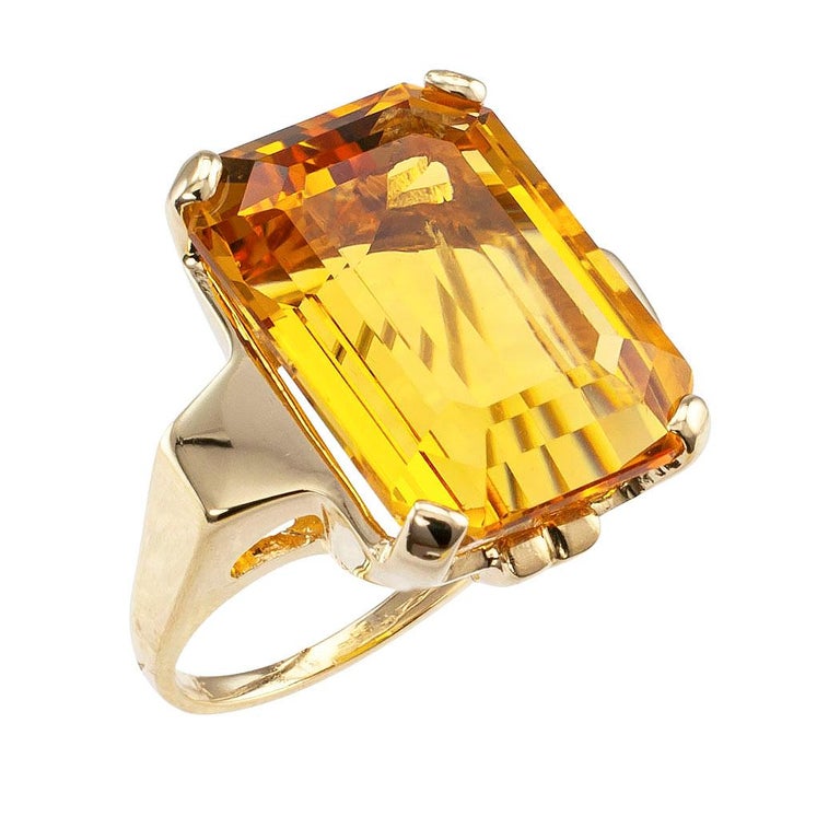 Retro Emerald Cut Citrine Yellow Gold Cocktail Ring at 1stDibs
