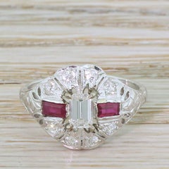 Retro Emerald Cut Diamond and Ruby Ring, circa 1950