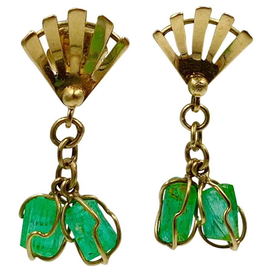 Boucles d'oreilles pendantes rétro en or 18 carats avec émeraude - Mid-Century Modern