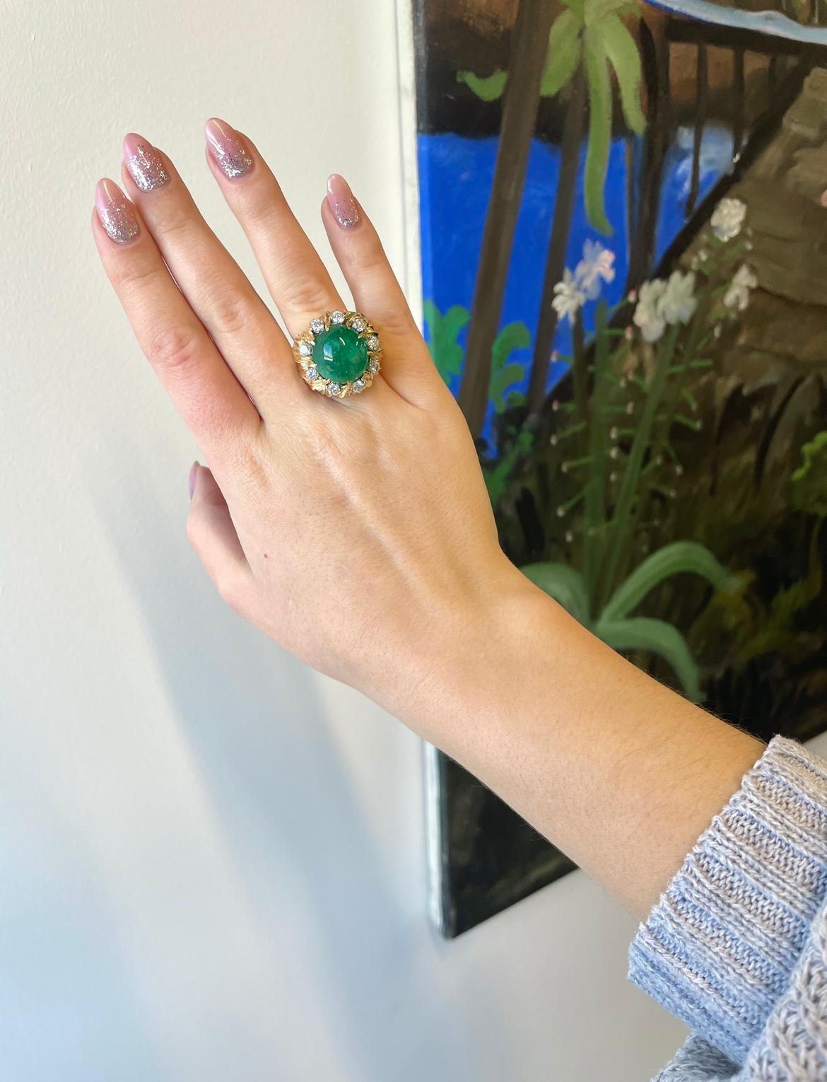 A cocktail ring to remember! This futuristic Retro Emerald Diamond 18k Gold Dome Ring is the epitome of nature. Emerald and diamonds grown in the earth's deposits and a stunning 18k gold band carved to mimic the trunk of the tree. The emerald is a