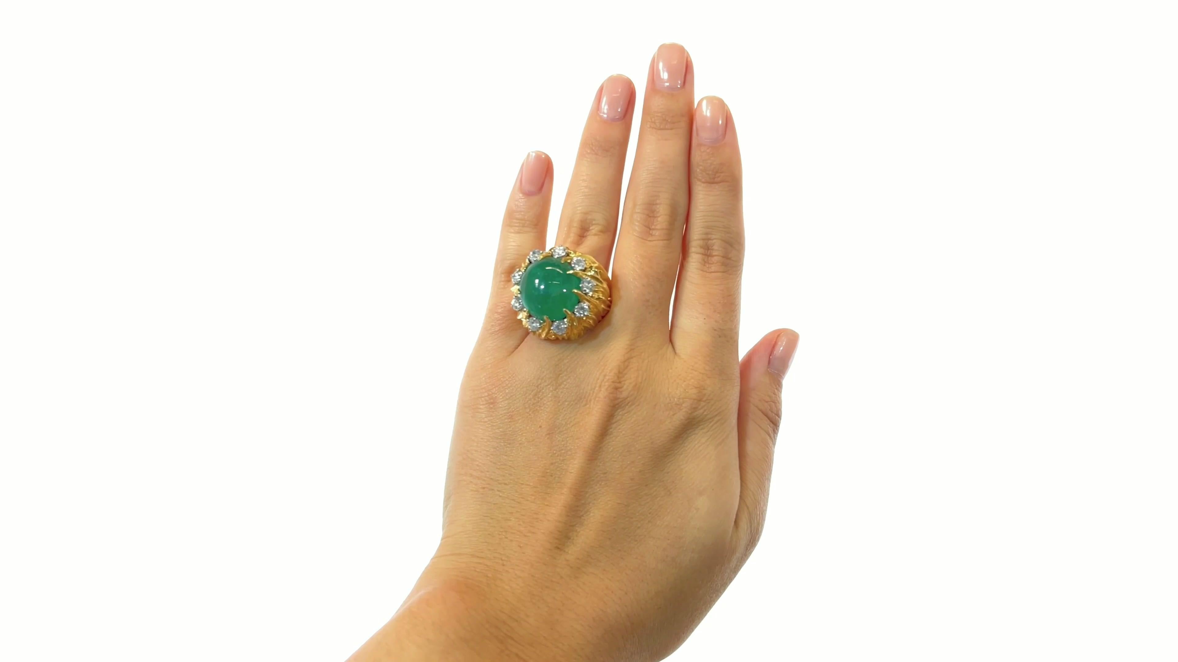 A cocktail ring to remember! This futuristic Retro Emerald Diamond 18k Gold Dome Ring is the epitome of nature. Emerald and diamonds grown in the earth and a stunning 18k gold band carved to mimic the trunk of the tree. The emerald is a cabochon