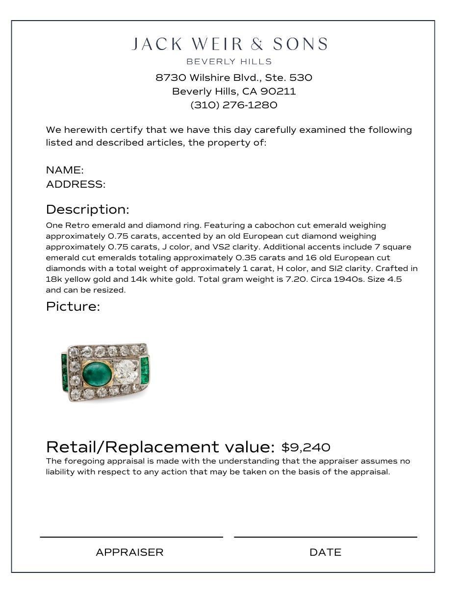 Women's or Men's Retro emerald diamond 18k yellow gold ring For Sale