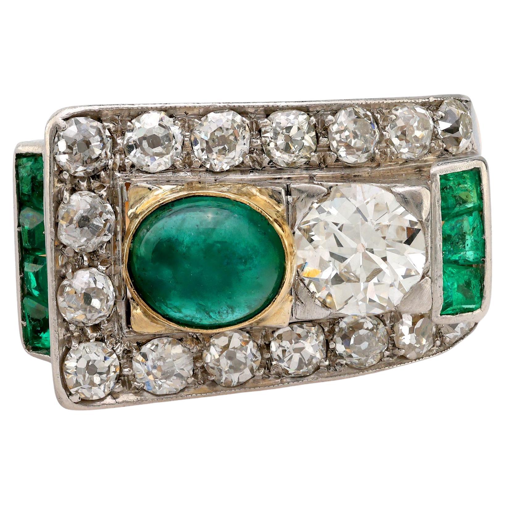 Bague rétro émeraude diamant or jaune 18k