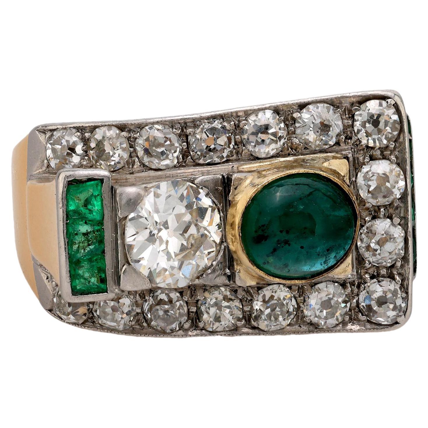 Bague réservoir rétro émeraude diamant or jaune 18k