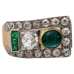 Retro emerald diamond 18k yellow gold tank ring