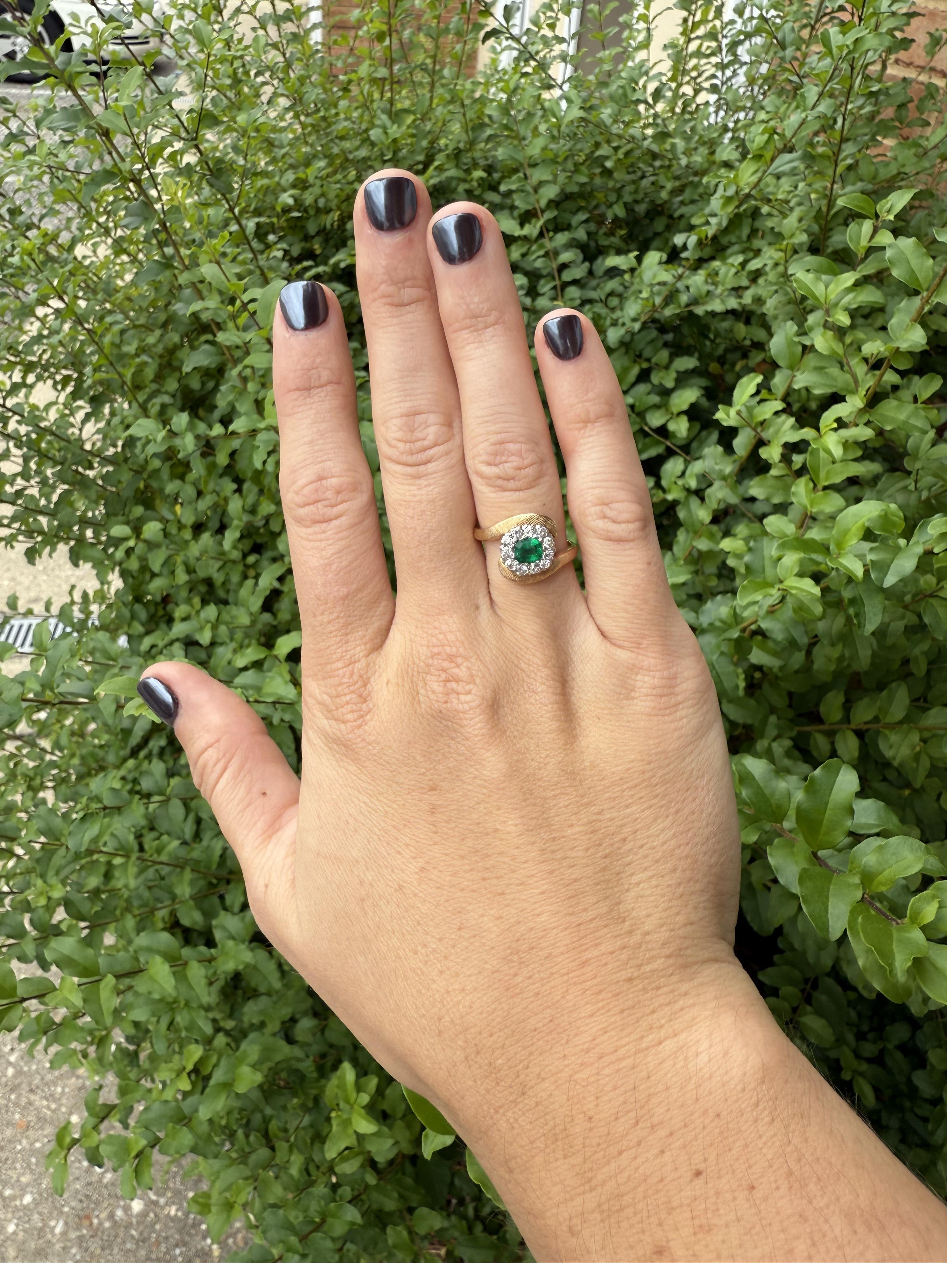 Old Mine Cut Retro Emerald & Diamond Cocktail Ring 14K Yellow Gold For Sale