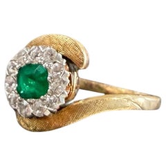 Retro Emerald & Diamond Cocktail Ring 14K Yellow Gold
