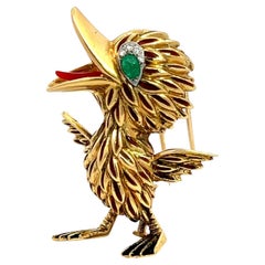 Retro Emerald Diamond Coral Enamel Bird Brooch