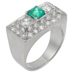 Retro Emerald Cut Emerald and Diamond Platinum Tank Ring, 1940s