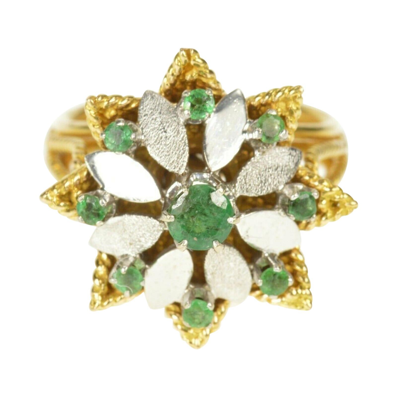 Retro Emerald Flower Gold Ring For Sale