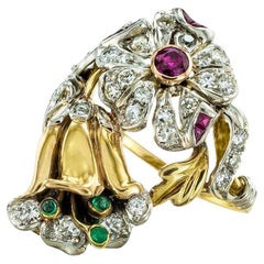 Retro Emerald Ruby Diamond Gold Platinum Flower Ring