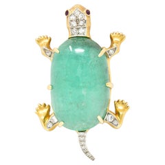 Retro Emerald Ruby Diamond Platinum-Topped 14 Karat Gold Turtle Pendant Brooch