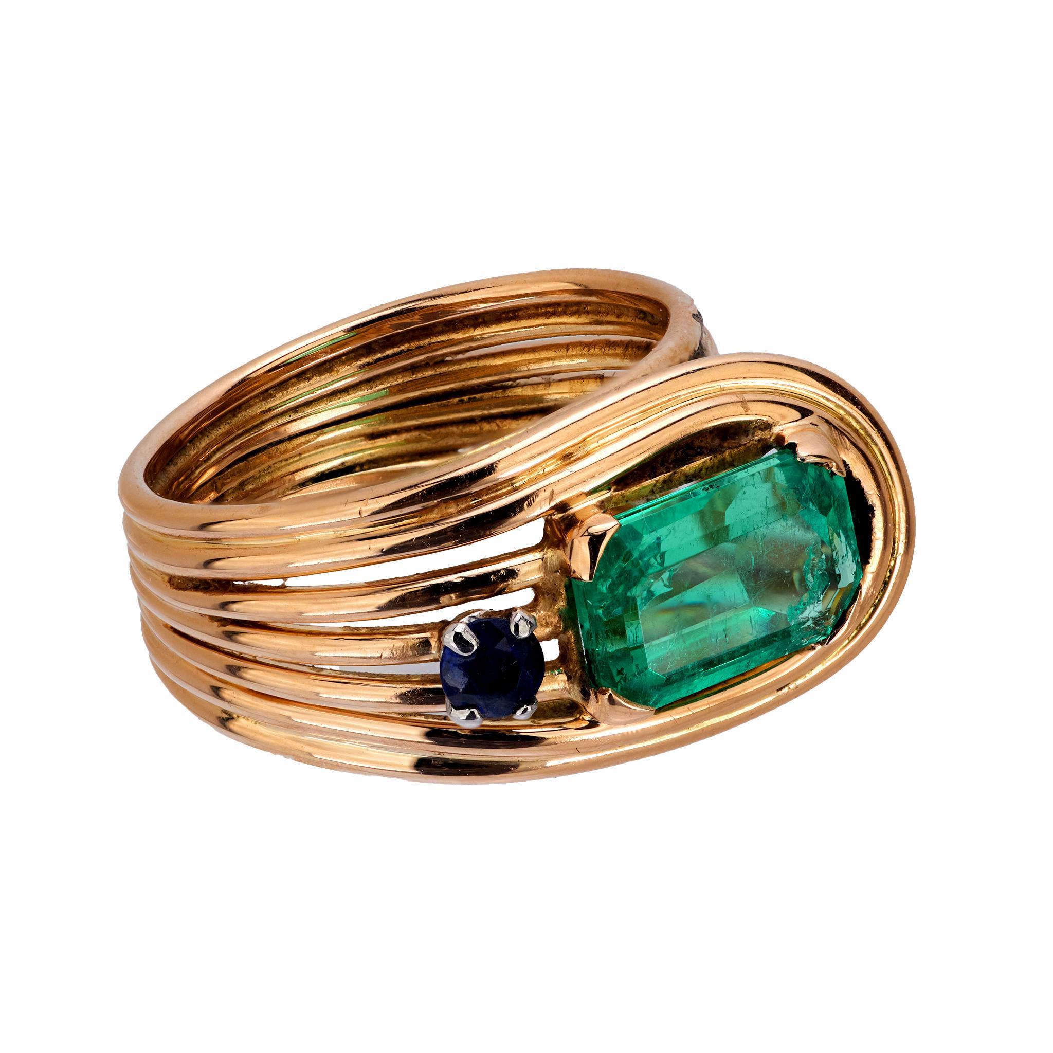 Emerald Cut Retro emerald sapphire 18k rose gold cocktail ring