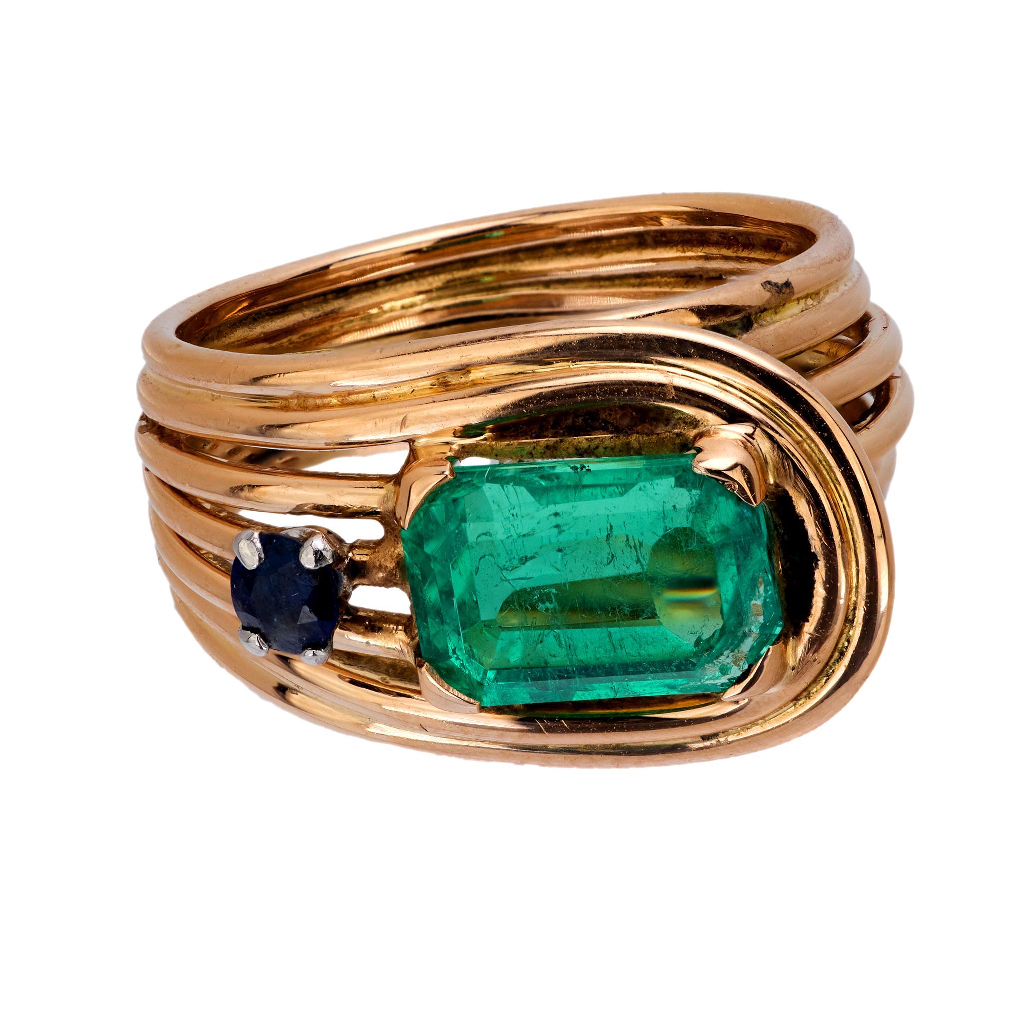 Women's or Men's Retro emerald sapphire 18k rose gold cocktail ring