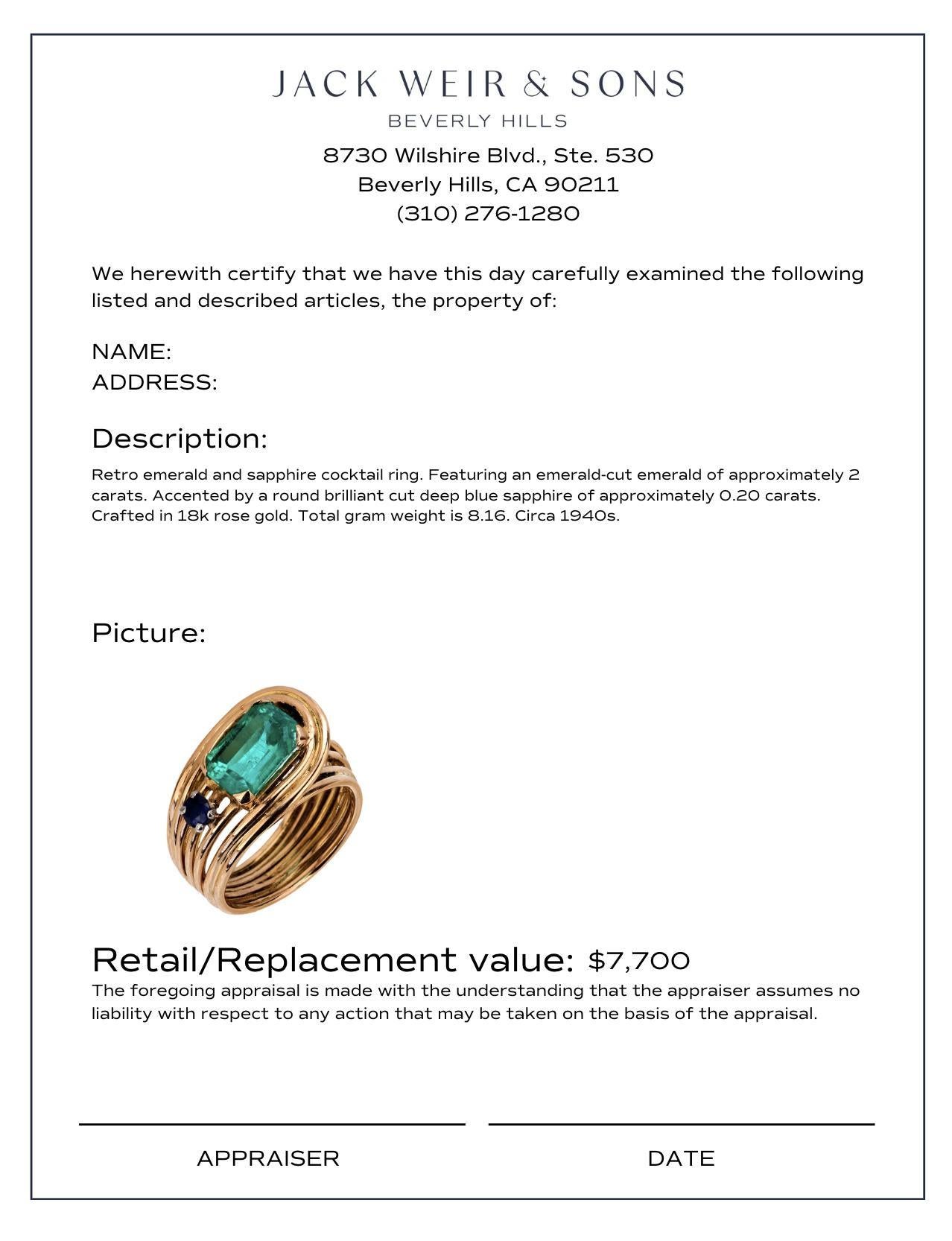 Retro emerald sapphire 18k rose gold cocktail ring 1