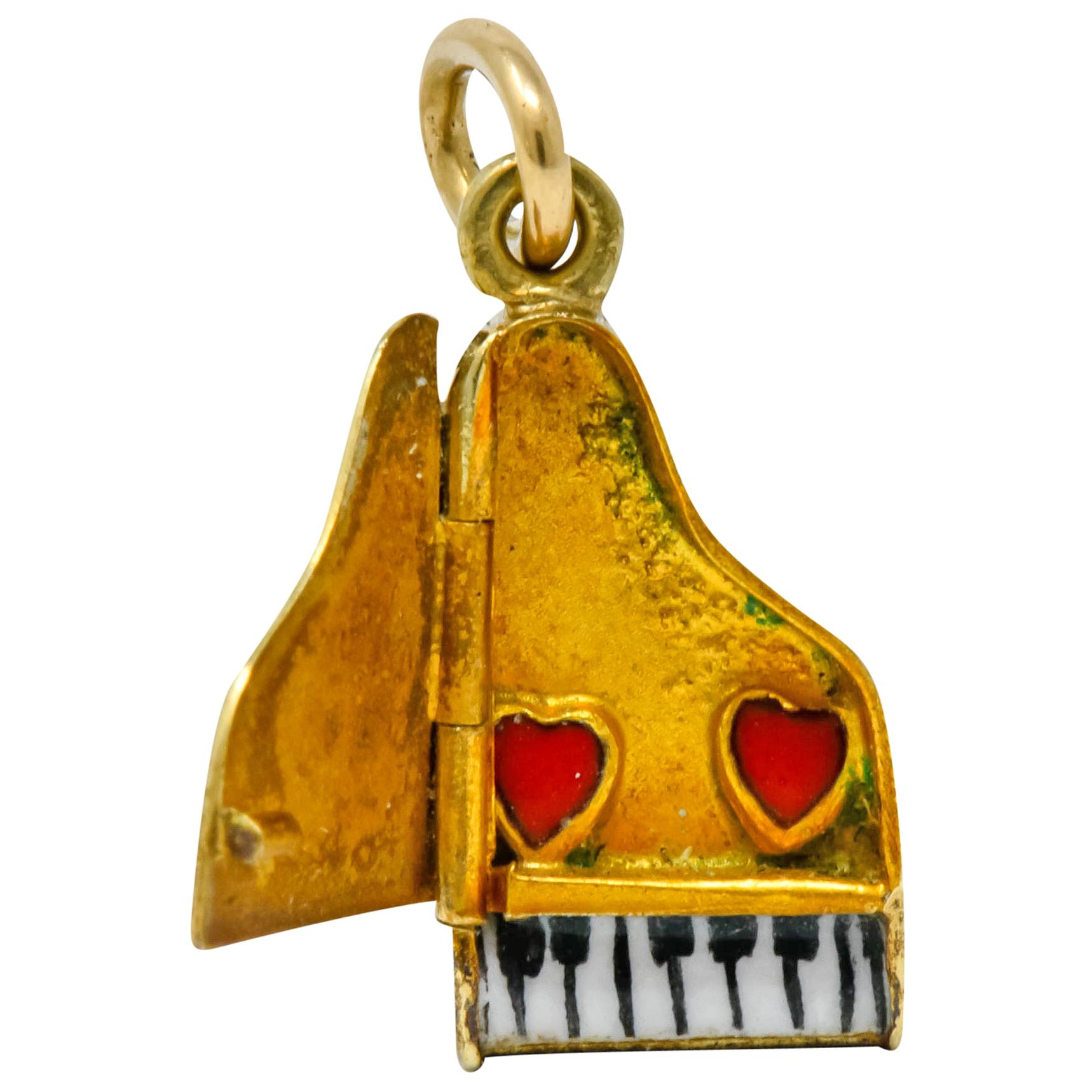 Retro Enamel 14 Karat Gold Articulated Hidden Heart Piano Charm
