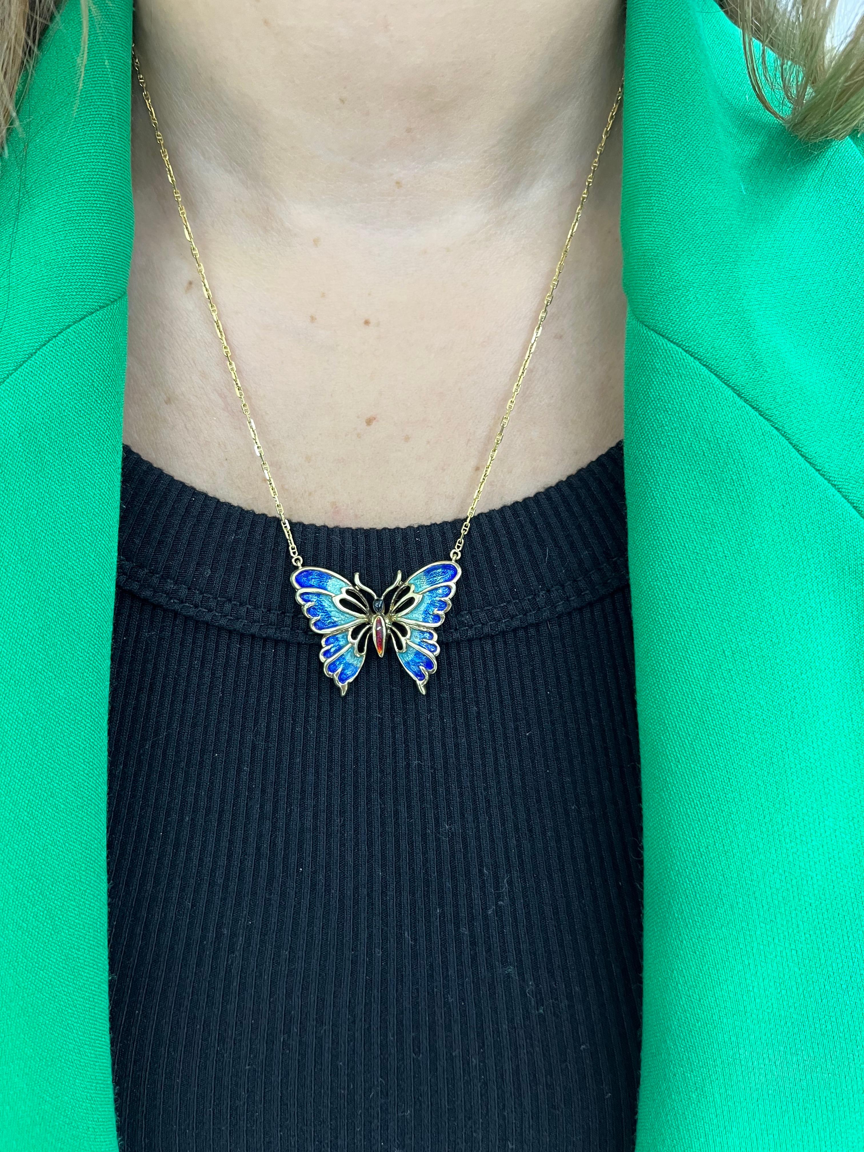Women's Retro Enamel Butterfly Pendant Necklace 14k Yellow Gold