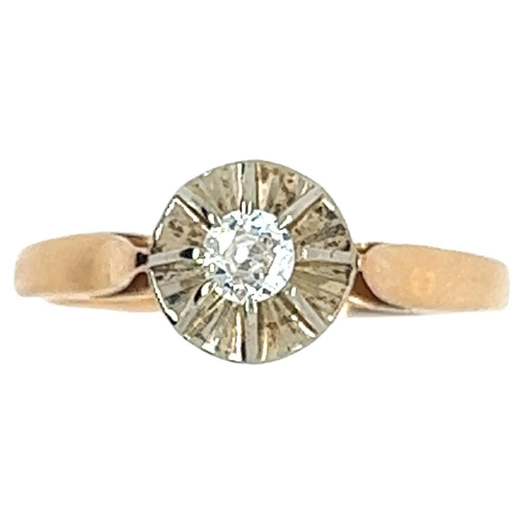 Retro Engagement Ring Diamond 0.15 Carat Yellow Gold and White Gold 18 Carat