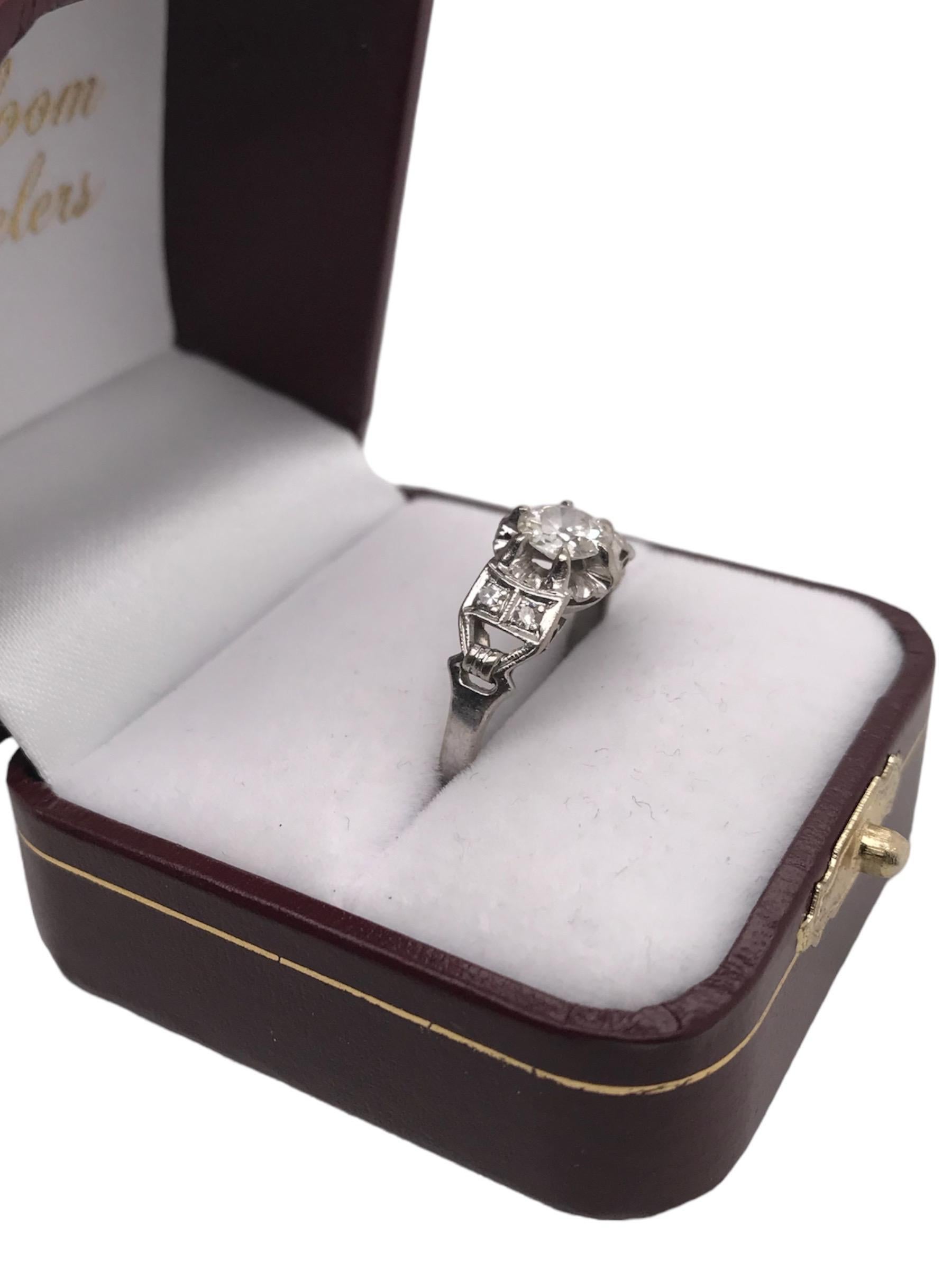 Retro Era 0.7 Carat 18K White Gold Old Mine Cut Engagement Ring For Sale 7