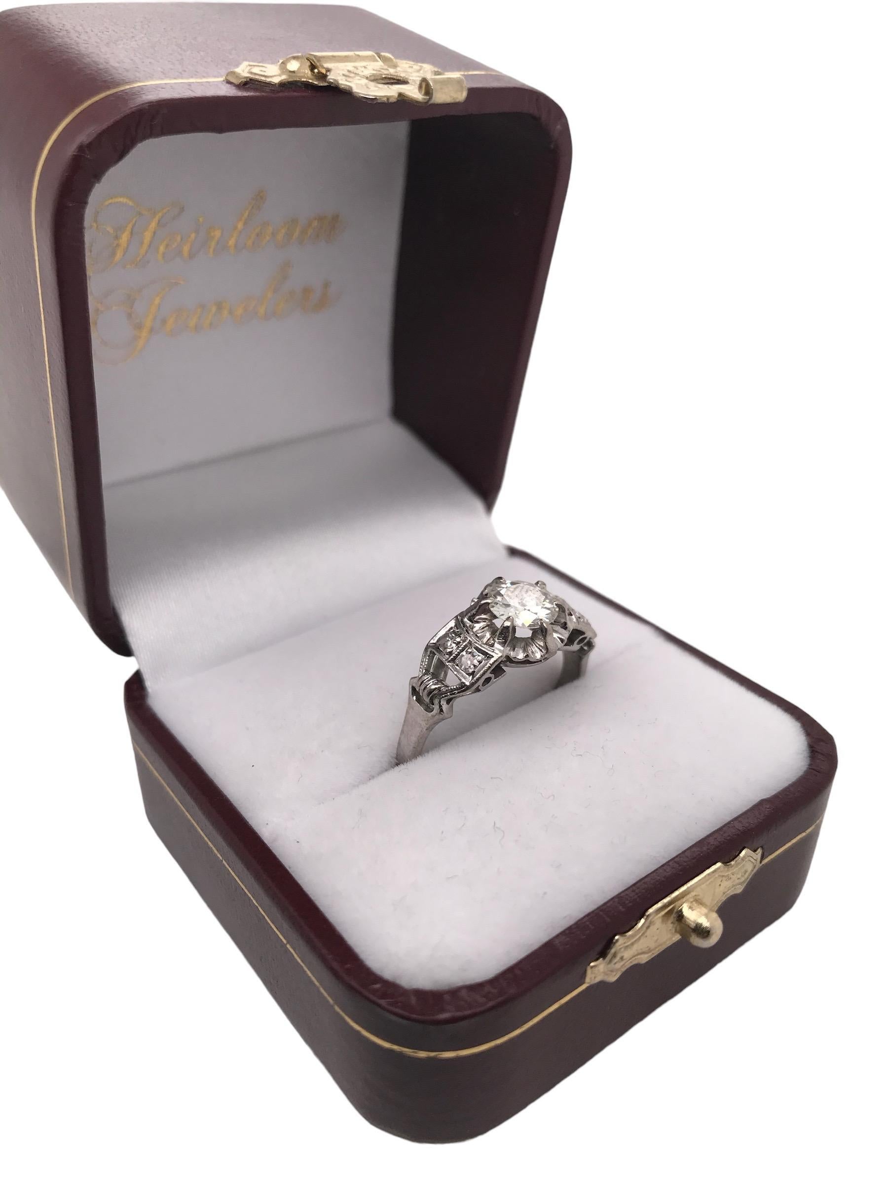 Retro Era 0.7 Carat 18K White Gold Old Mine Cut Engagement Ring For Sale 8