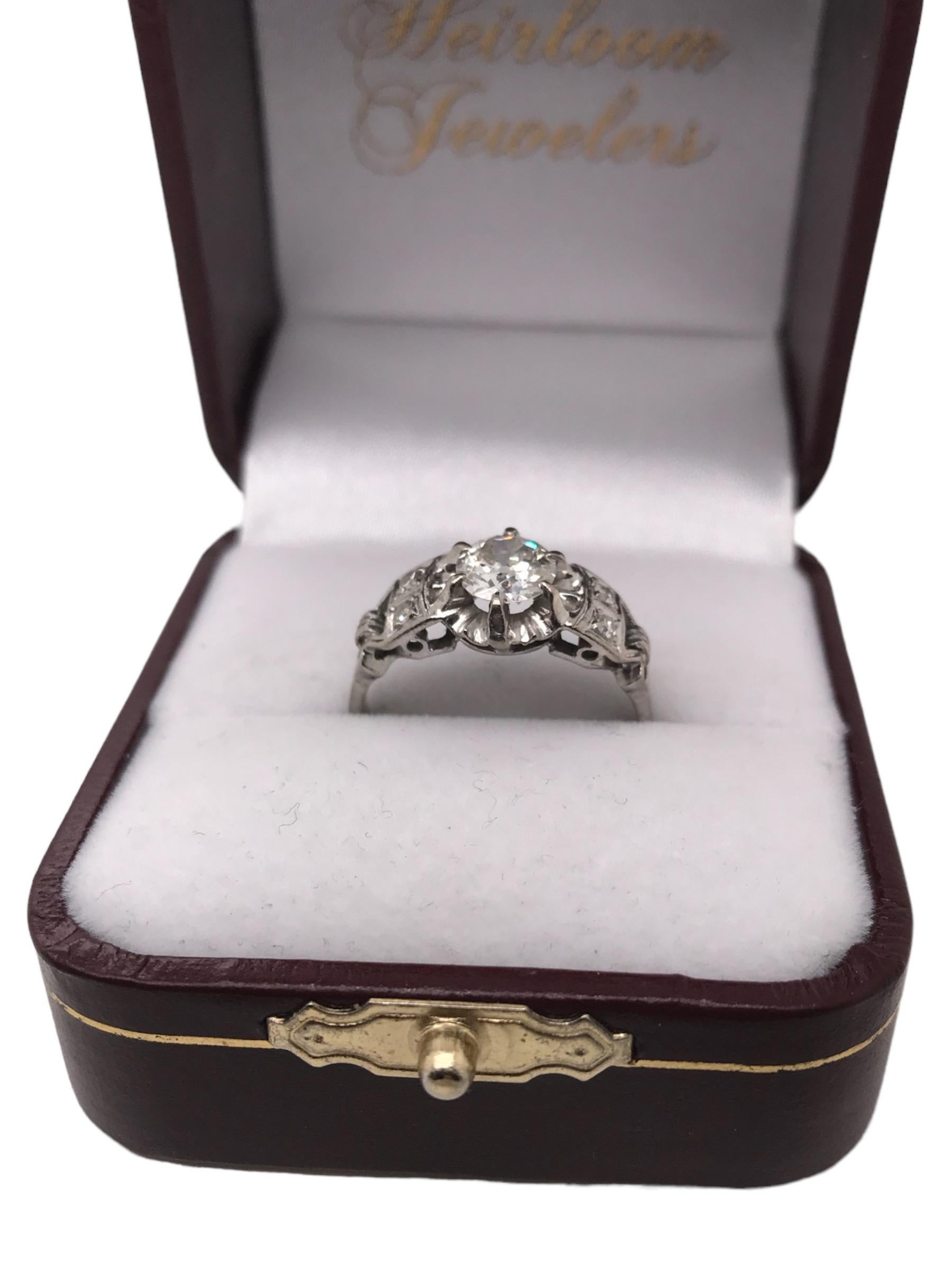 Retro Era 0.7 Carat 18K White Gold Old Mine Cut Engagement Ring For Sale 9