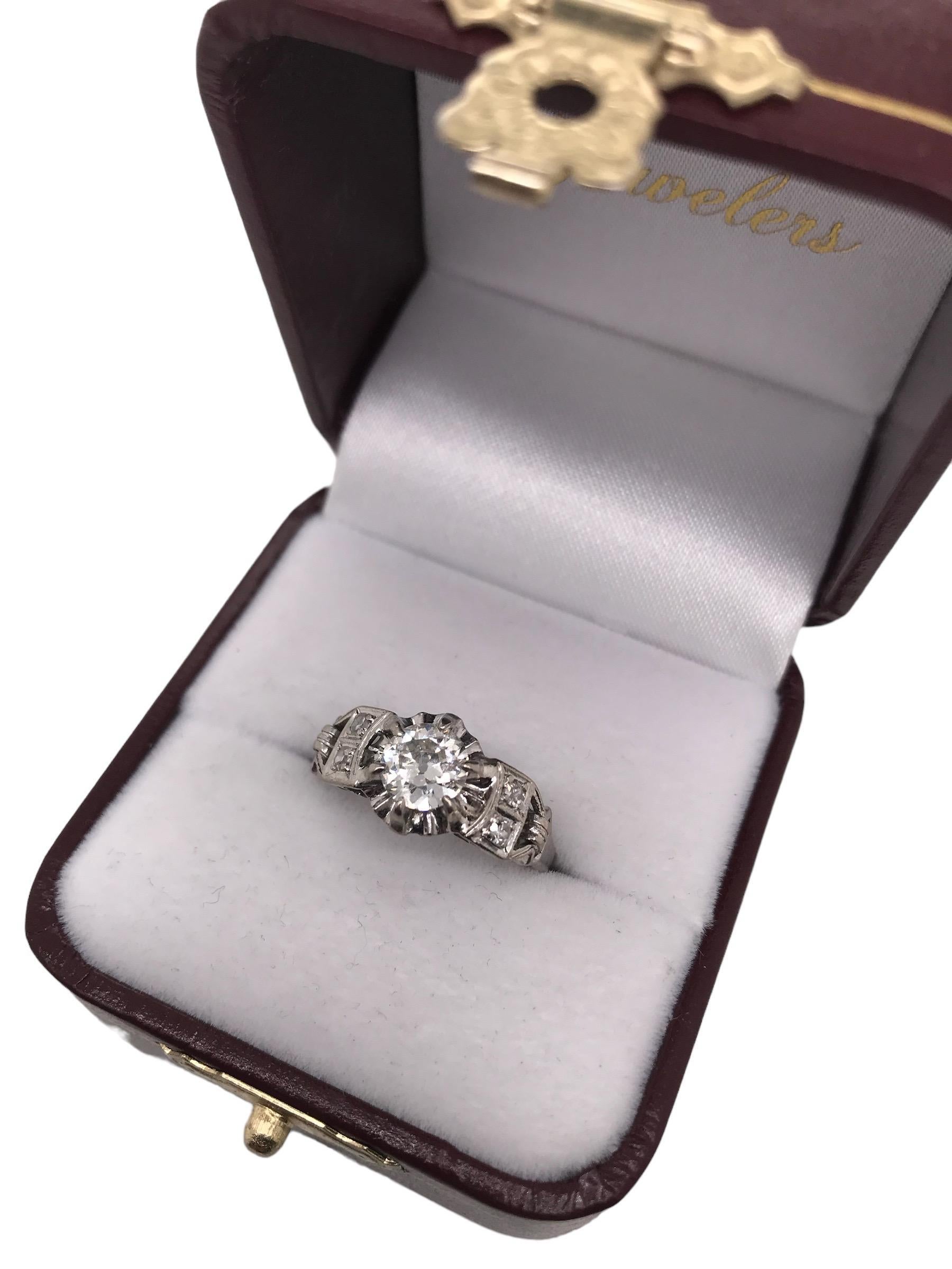 Retro Era 0.7 Carat 18K White Gold Old Mine Cut Engagement Ring For Sale 11