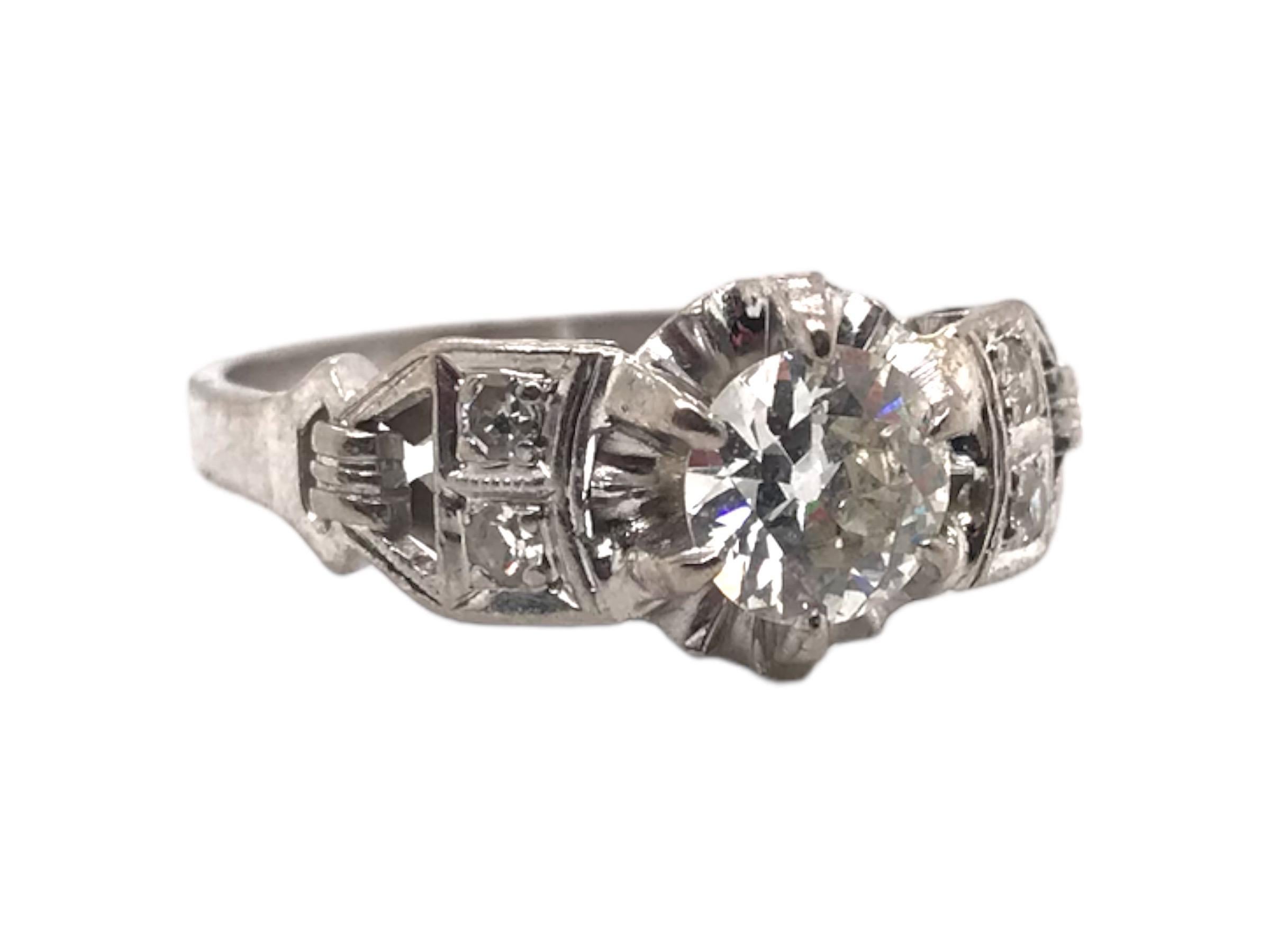 Women's Retro Era 0.7 Carat 18K White Gold Old Mine Cut Engagement Ring For Sale