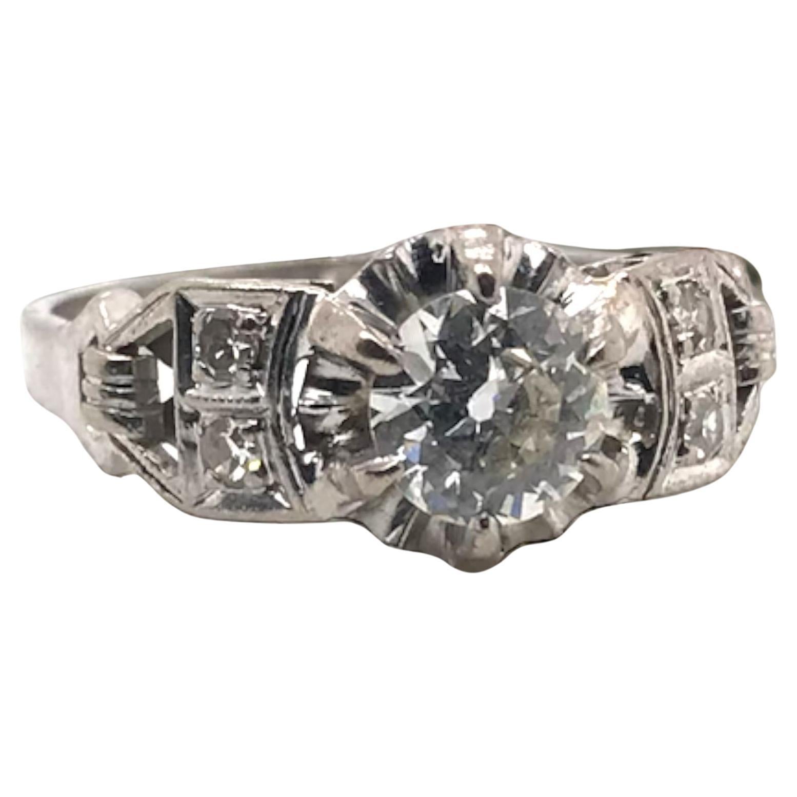 Retro Era 0.7 Carat 18K White Gold Old Mine Cut Engagement Ring For Sale