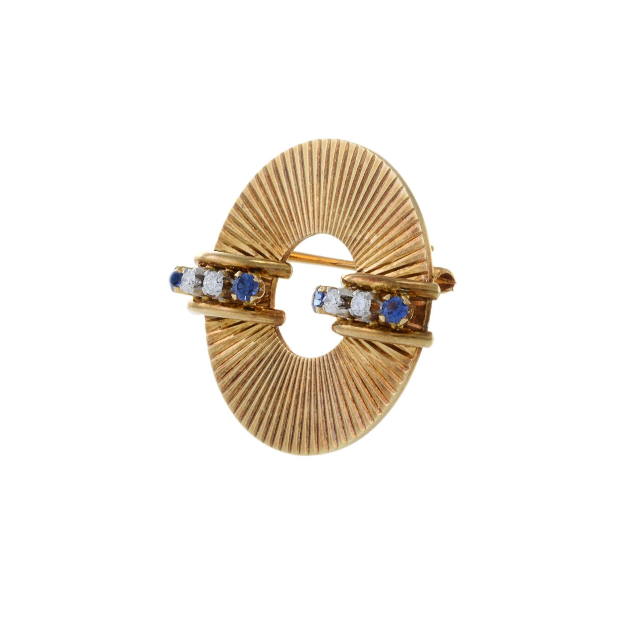 Round Cut Retro Era 14KT Yellow Gold Signed Tiffany And Co. Diamond And Sapphire Brooch For Sale