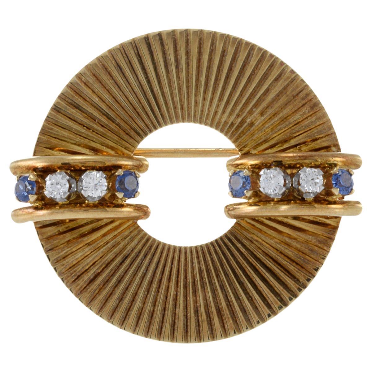 Retro Era 14KT Yellow Gold Signed Tiffany And Co. Diamond And Sapphire Brooch For Sale