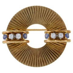 Retro-Ära 14KT Gelbgold Signiert Tiffany And Co. Brosche mit Diamanten und Saphiren