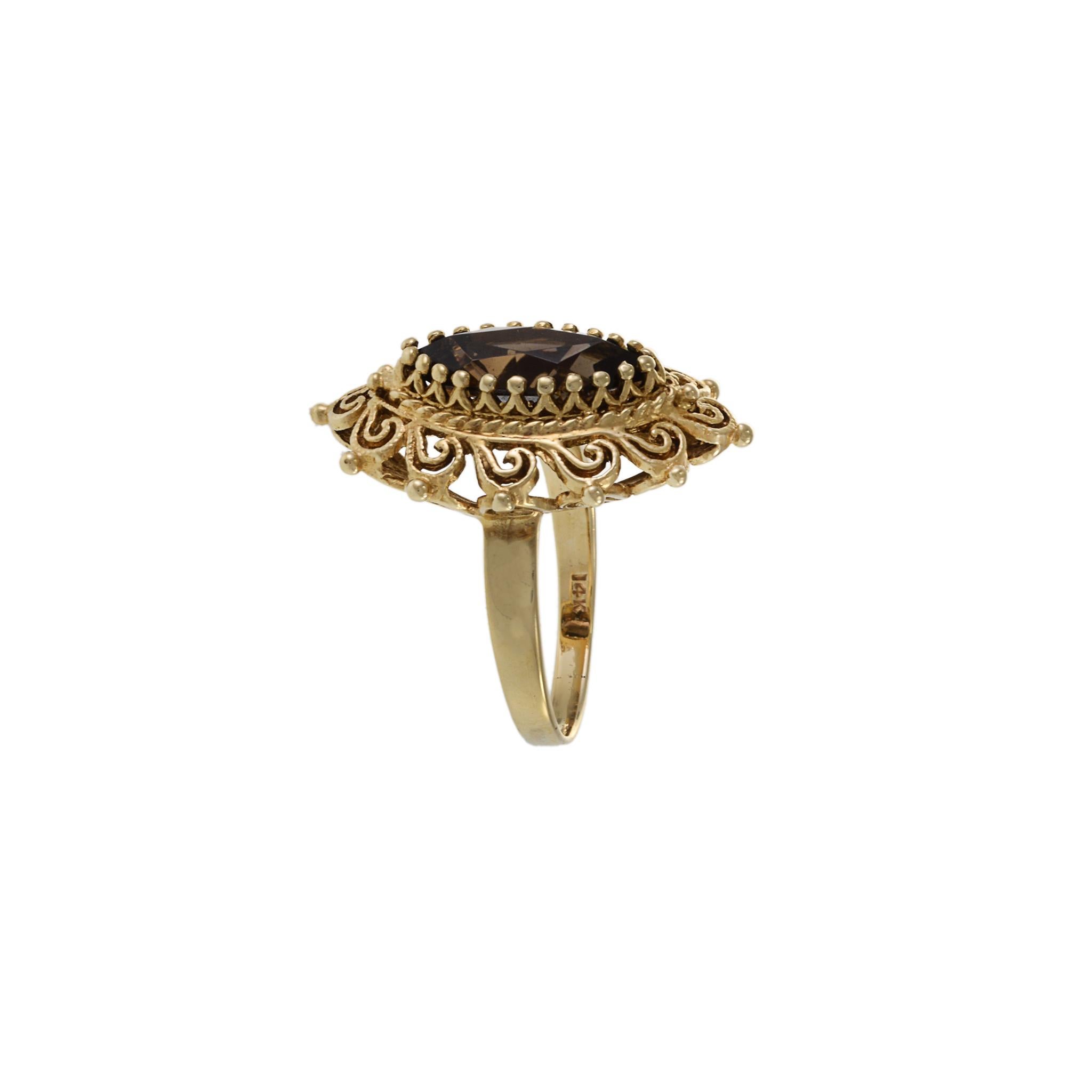Marquise Cut Retro Era 14KT Yellow Gold Smokey Topaz Ring For Sale
