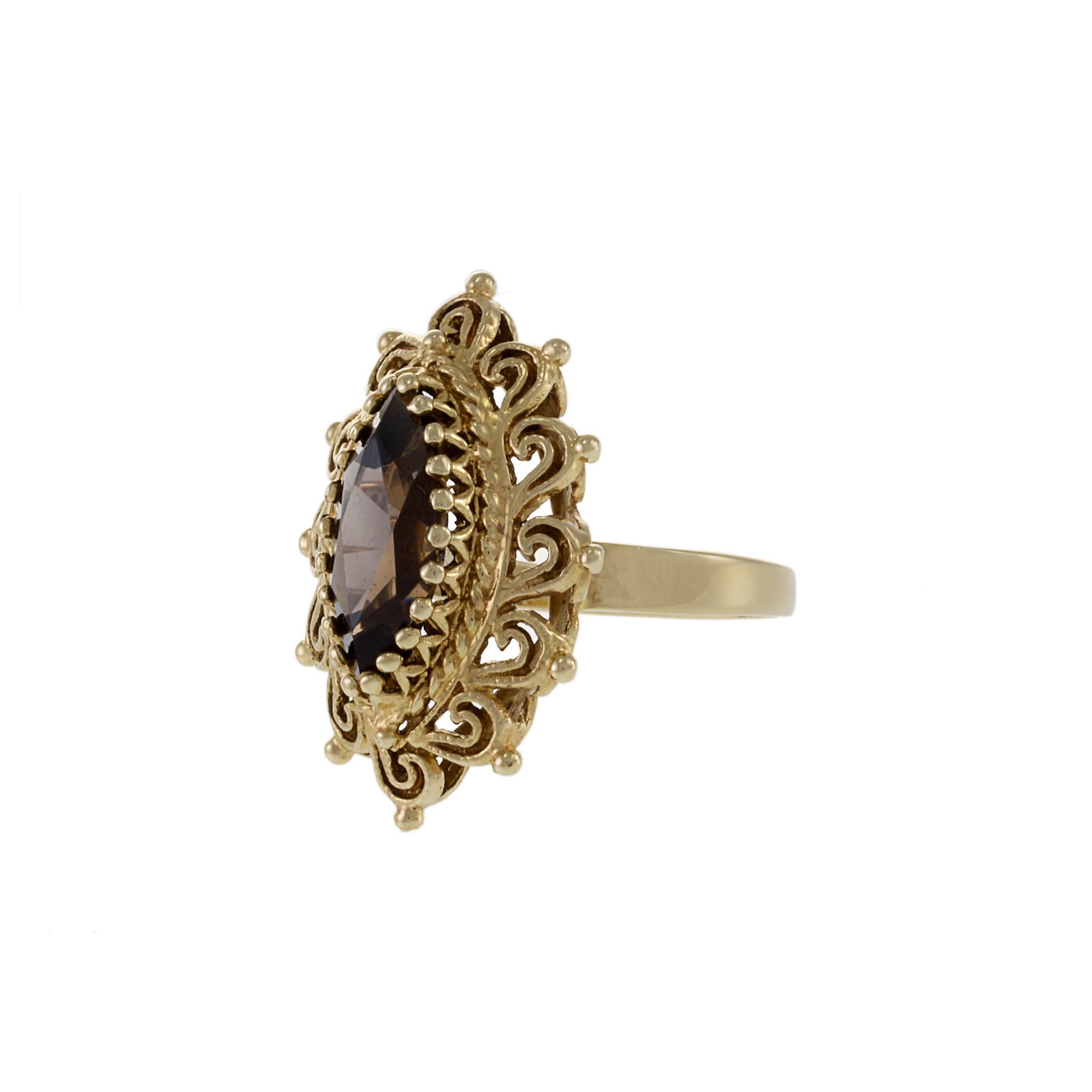Marquise Cut Retro Era 14KT Yellow Gold Smokey Topaz Ring For Sale