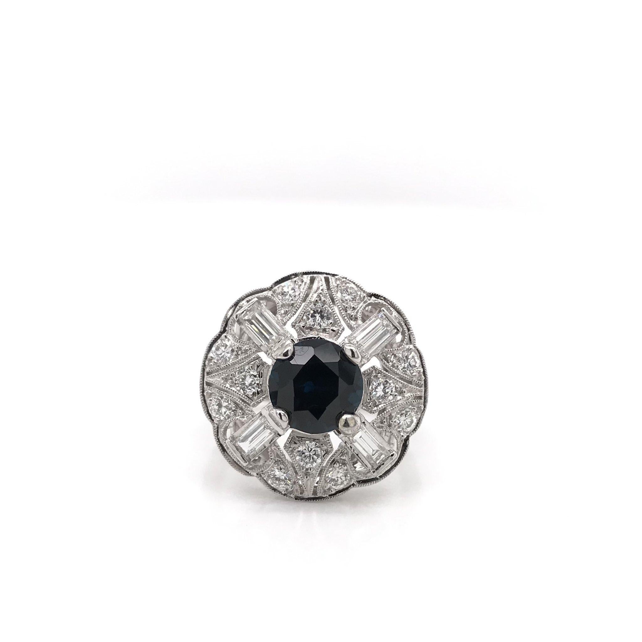 Round Cut Retro Era 1.82 Carat Sapphire Diamond Platinum Cocktail Ring