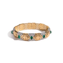 Retro Era 18KT Two-Tone Gold Emerald and Diamond Cabochon Bracelet