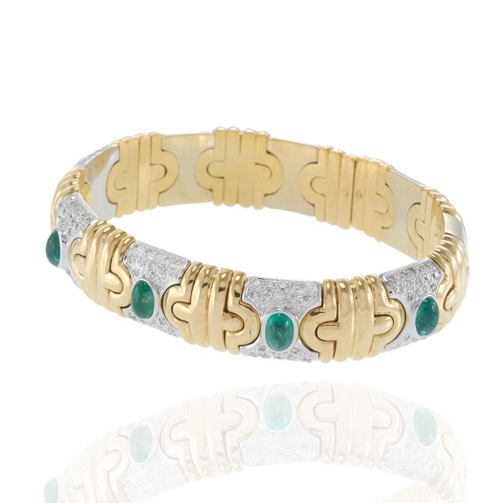 Retro Era 18KT Zwei-Ton-Gold Smaragd und Diamant-Cabochon-Armband Damen im Angebot