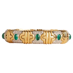 Retro Era 18KT Two-Tone Gold Emerald and Diamond Cabochon Bracelet