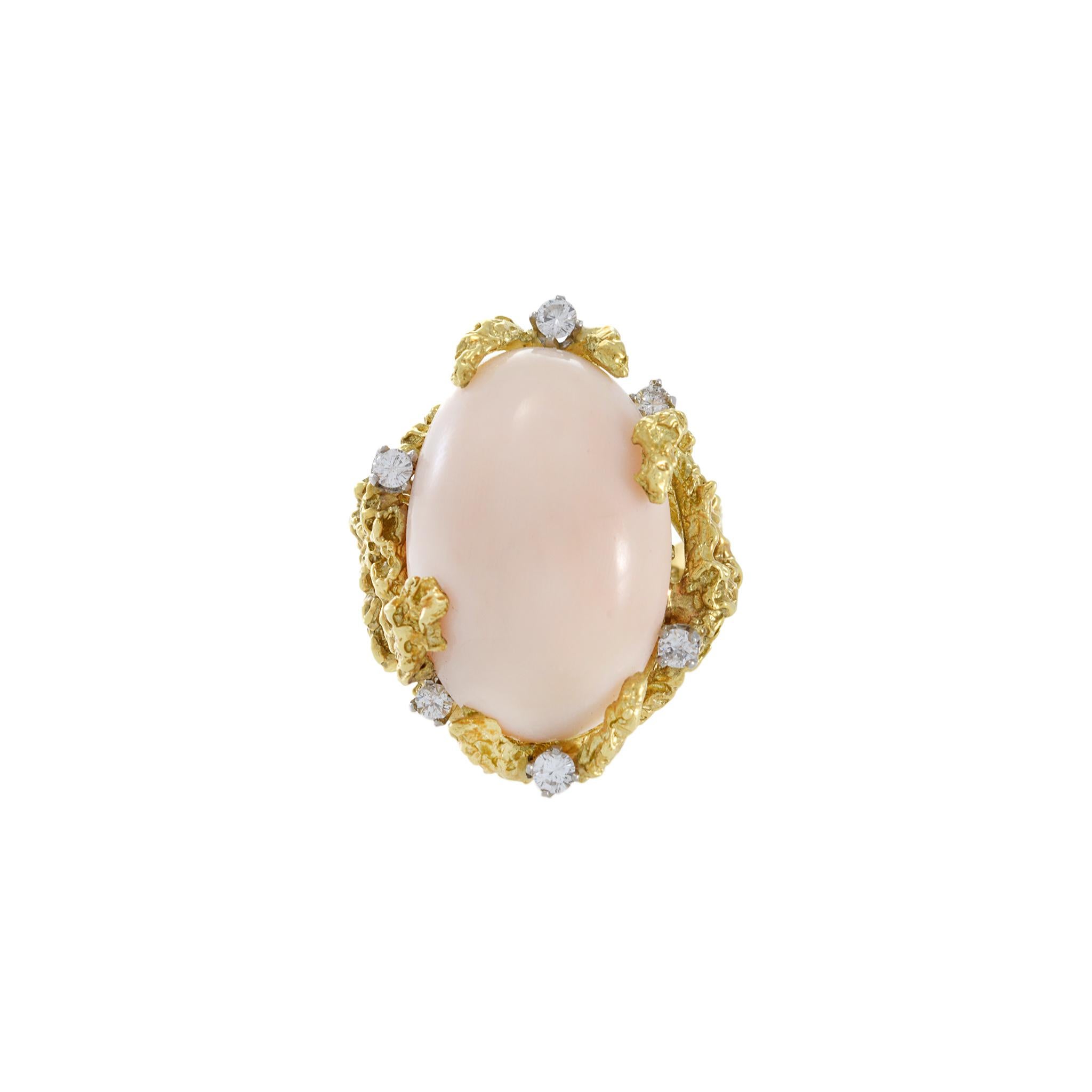 Cabochon Retro Era 18KT Yellow Gold Angel Skin Coral And Diamond Ring For Sale