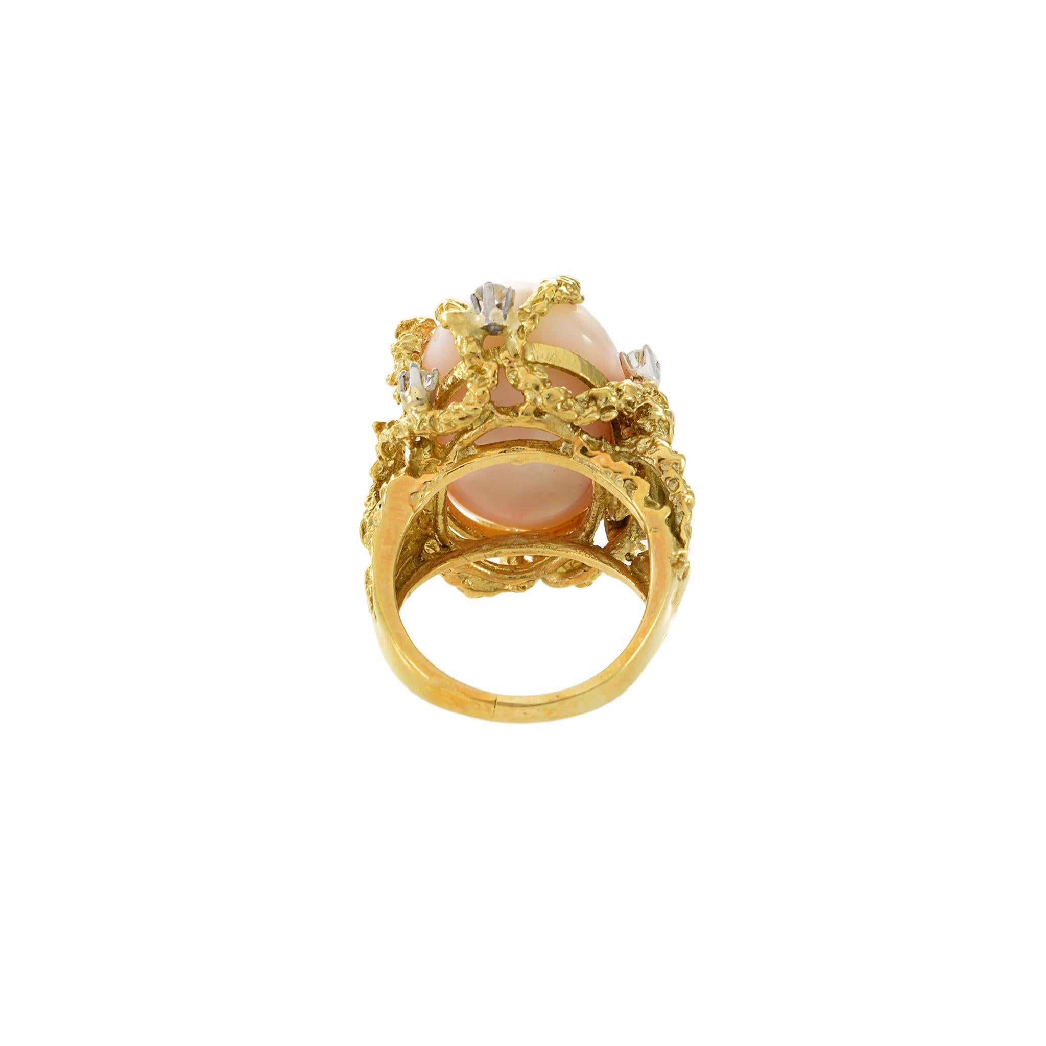 Retro Era 18KT Yellow Gold Angel Skin Coral And Diamond Ring For Sale 4