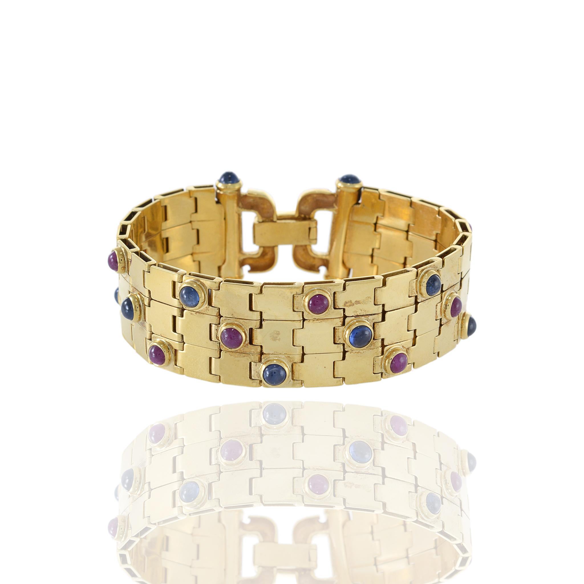 Rétro Bracciale d'epoca retrò in oro giallo 18KT con rubino cabochon e zaffiro blu