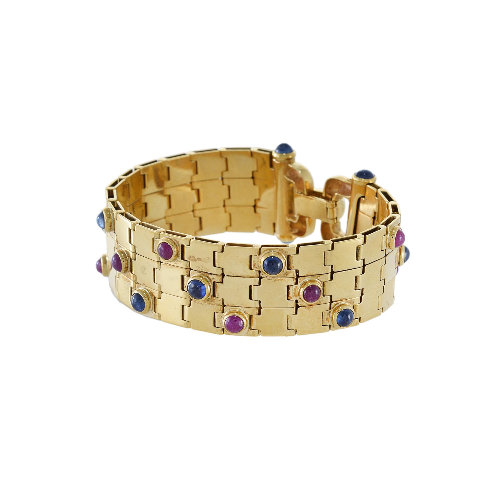 Cabochon Bracciale d'epoca retrò in oro giallo 18KT con rubino cabochon e zaffiro blu