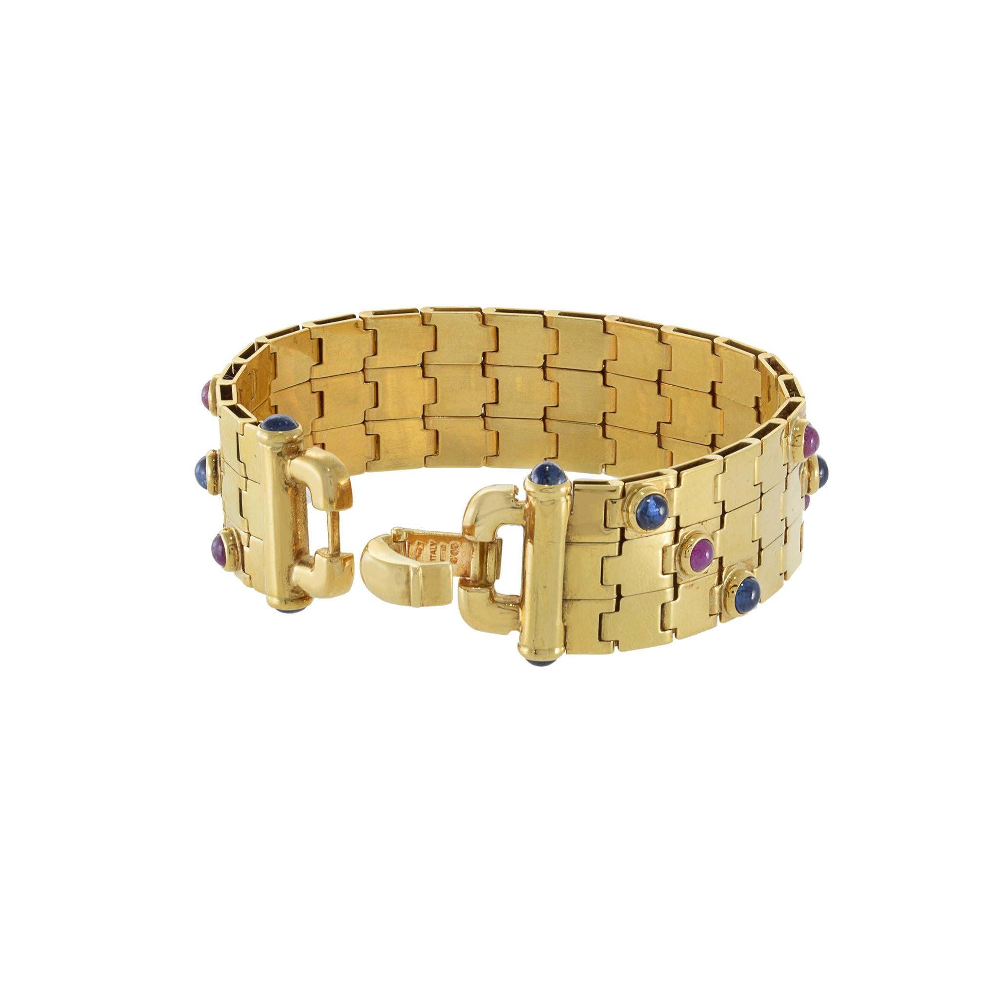 Donna Bracciale d'epoca retrò in oro giallo 18KT con rubino cabochon e zaffiro blu