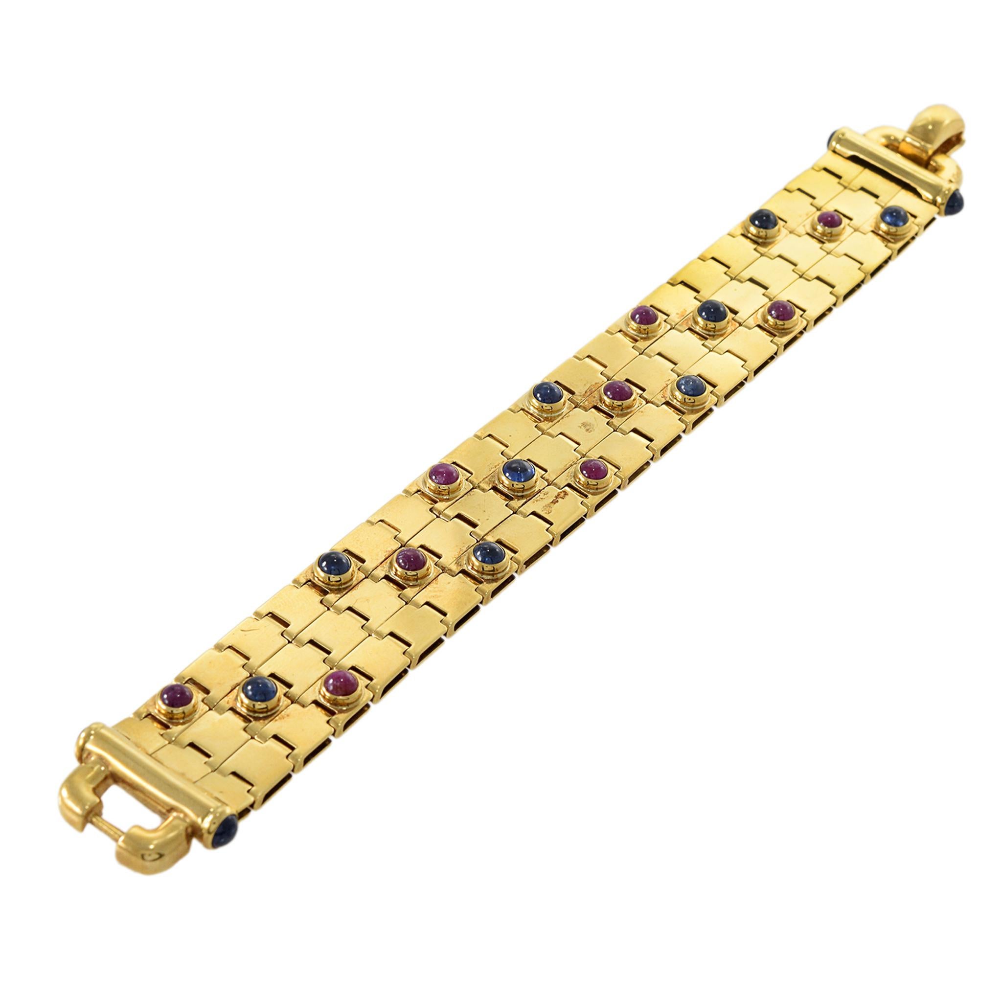 Bracciale d'epoca retrò in oro giallo 18KT con rubino cabochon e zaffiro blu 1