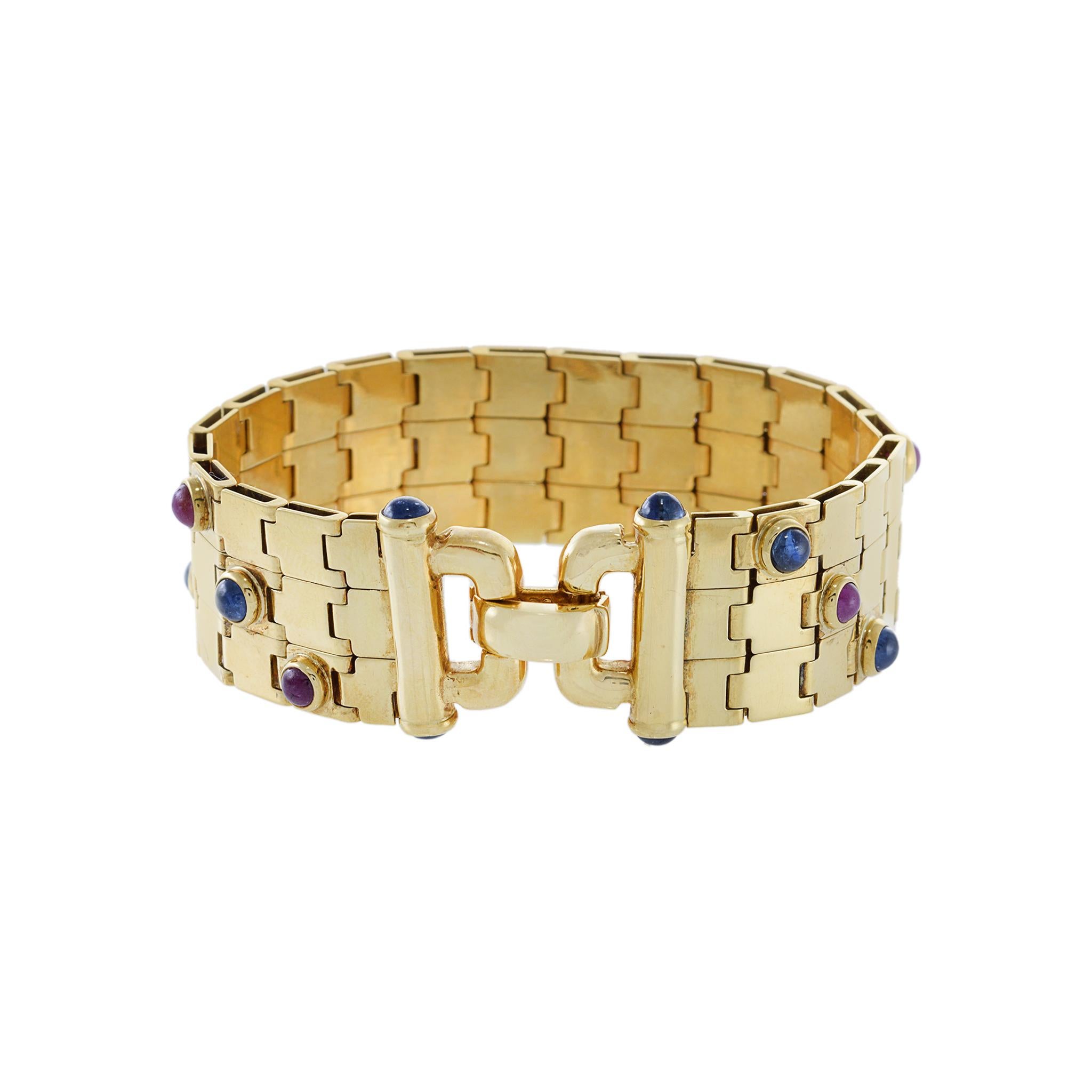 Bracciale d'epoca retrò in oro giallo 18KT con rubino cabochon e zaffiro blu 2