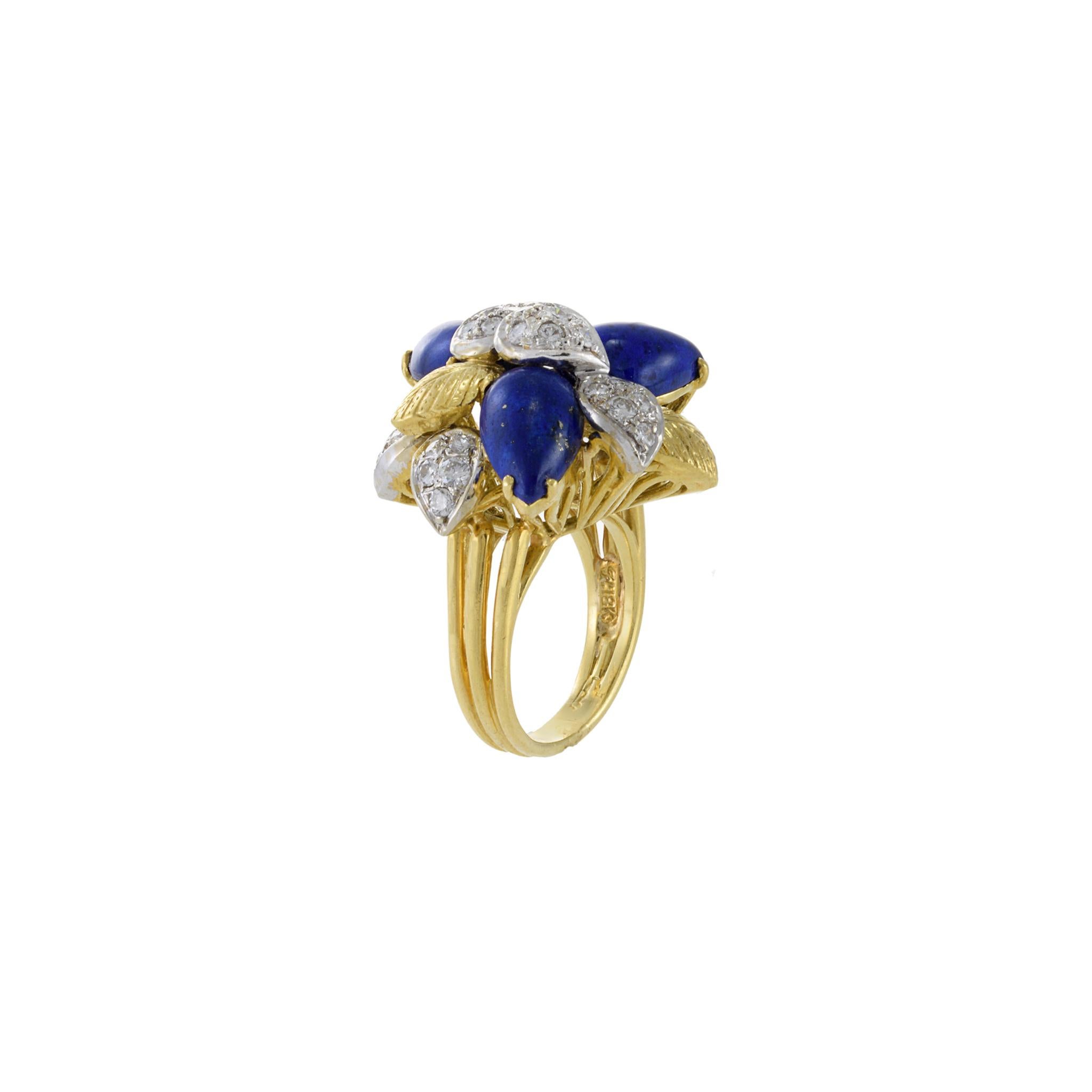 Cabochon Retro Era 18KT Yellow Gold Lapis Lazuli And Diamond Flower Ring For Sale